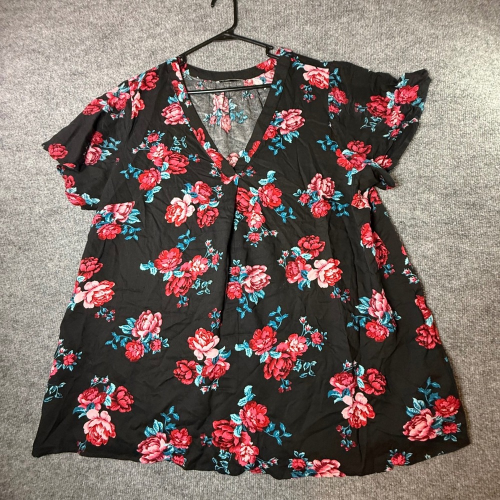 Dex Women Black Red Floral Rose V-Neck Rayon Flutter Sleeve Blouse Plus Size 2X